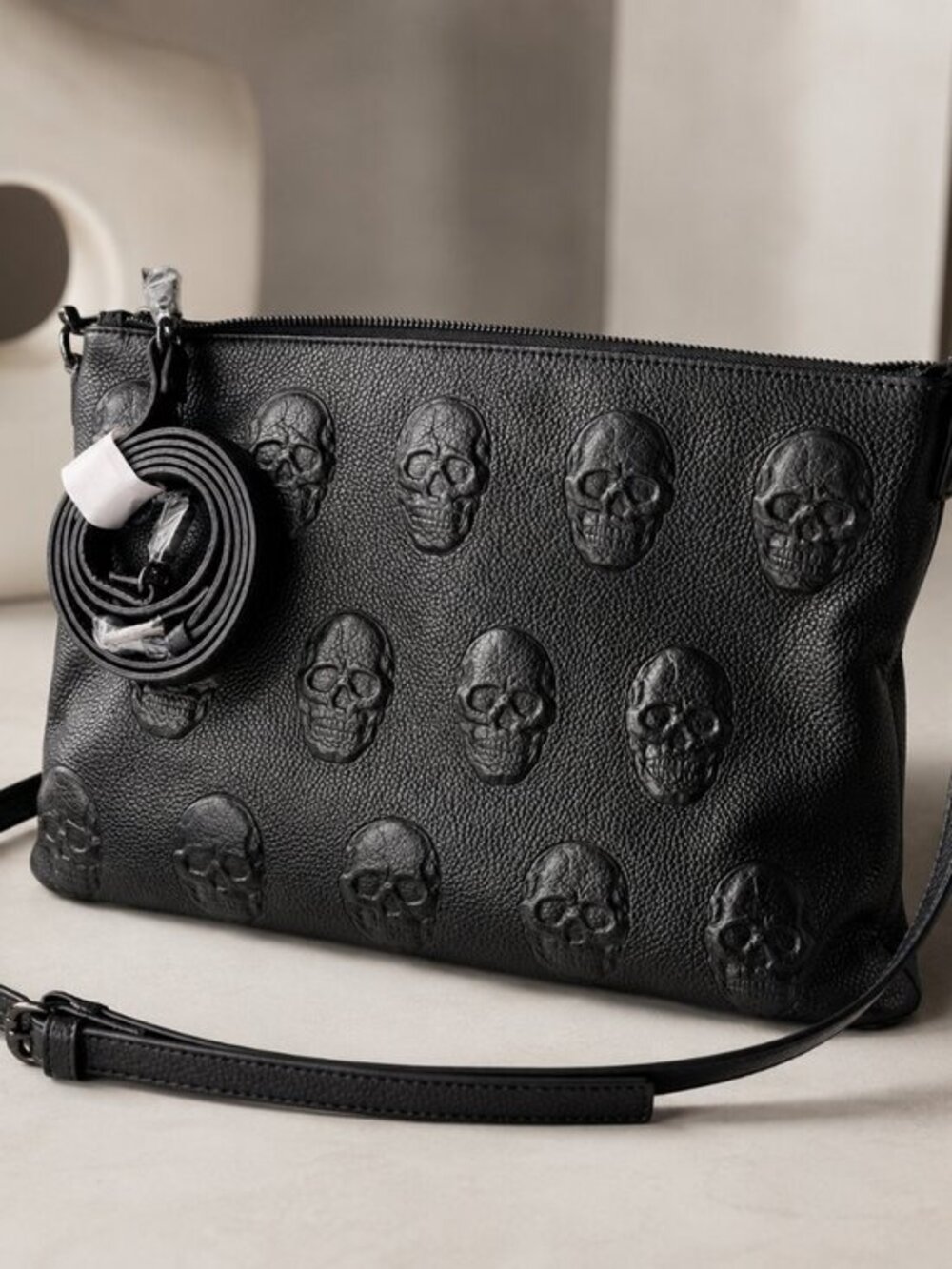 IO PELLE Black Skull Embossed Leather Crossbody Bag Made in Italy NWT